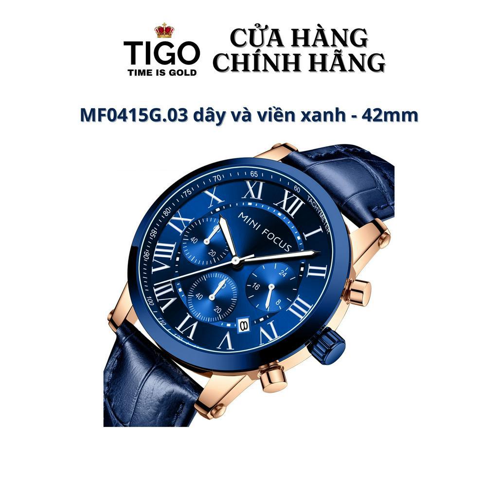Đồng Hồ Nam MINI FOCUS MF0415G.03 Dây Da Xanh Mặt Xanh Thép Không Gỉ Cao Cấp Mặt Tròn Đường Kính 42mm Chống Nước