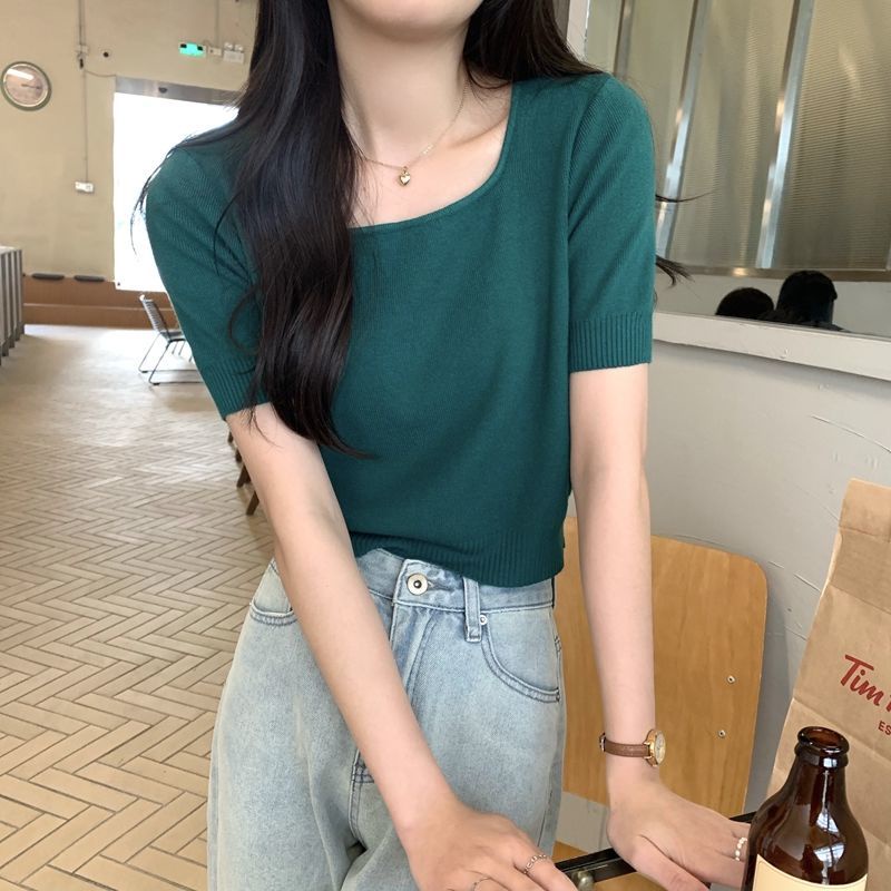 Áo Dệt Kim Ngắn Tay Cổ Vuông Màu Trơn Đa Năng Phong Cách Hàn Quốc Thời Trang Xuân Hè