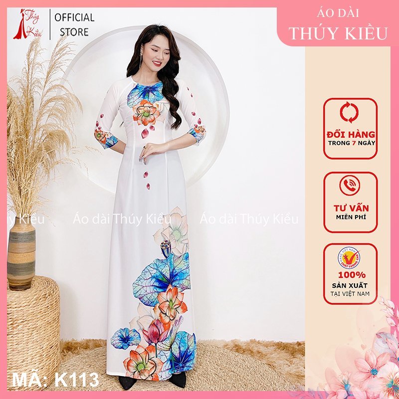 Áo dài trắng hoa sen nữ may sẵn thiết kế đẹp cách tân tết K113 Thúy Kiều mềm mại, co giãn, áo dài giá rẻ