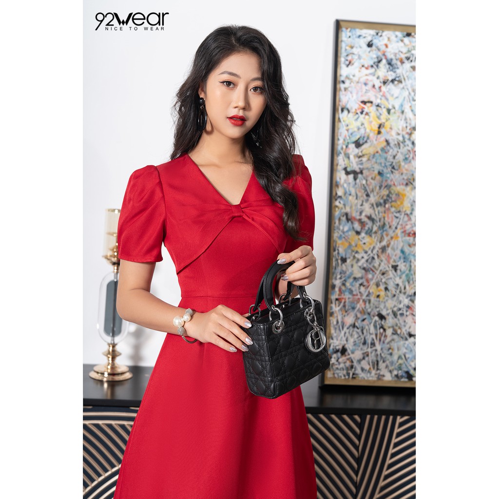 Đầm xòe ngắn tay dáng dài xếp nơ ngực DEW0619 - 92wear | BigBuy360 - bigbuy360.vn