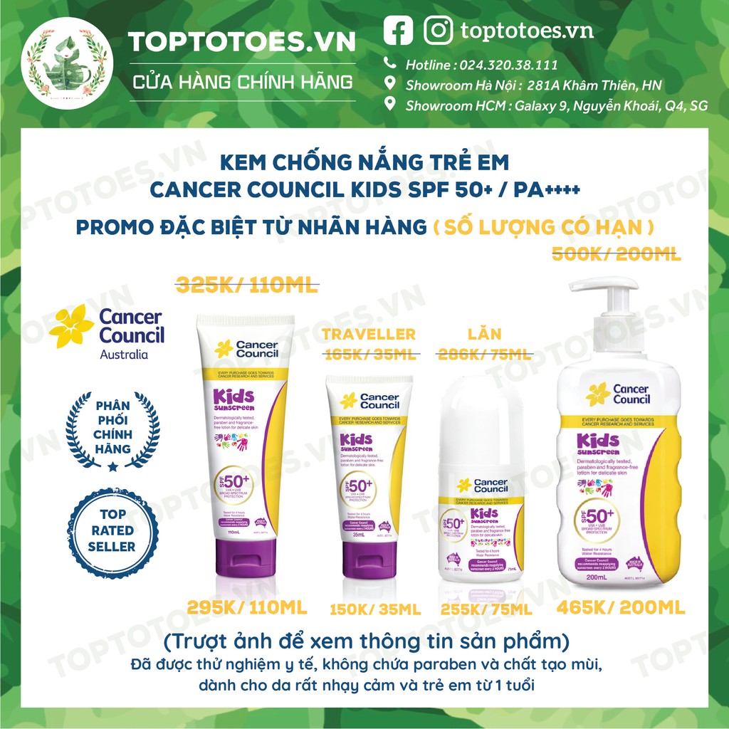 Kem chống nắng Trẻ em Cancer Council Kids SPF 50+/ PA ++++