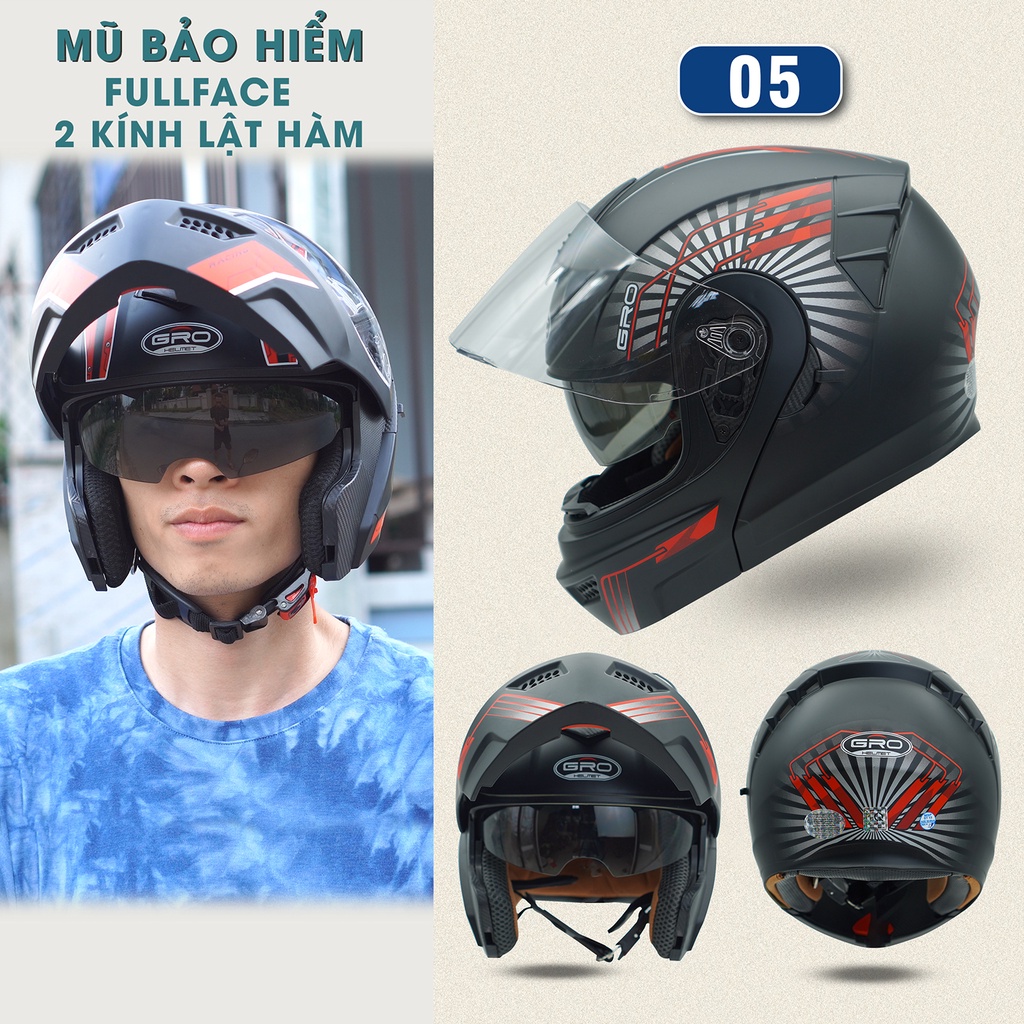 Mũ Bảo Hiểm Fullface GRO Helmet Chính hãng, thiết kế 2 kính lật hàm, khóa kim loại chắc chắn - Nhiều màu