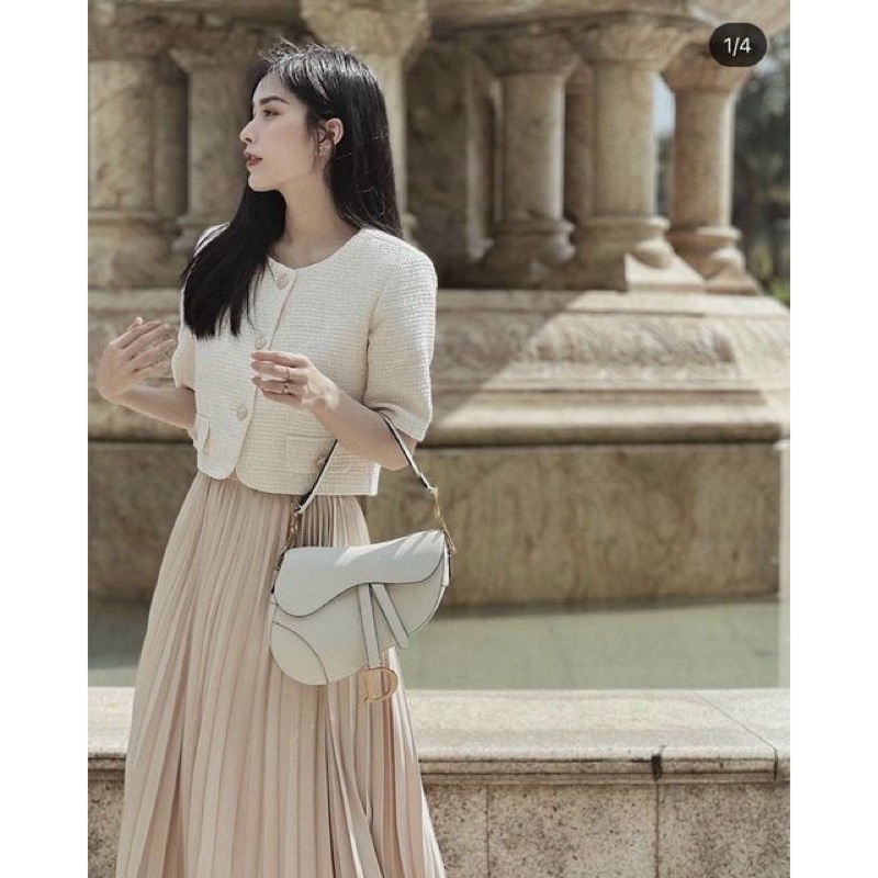 set crop dạ phối nút kèm chân váy midi dập li