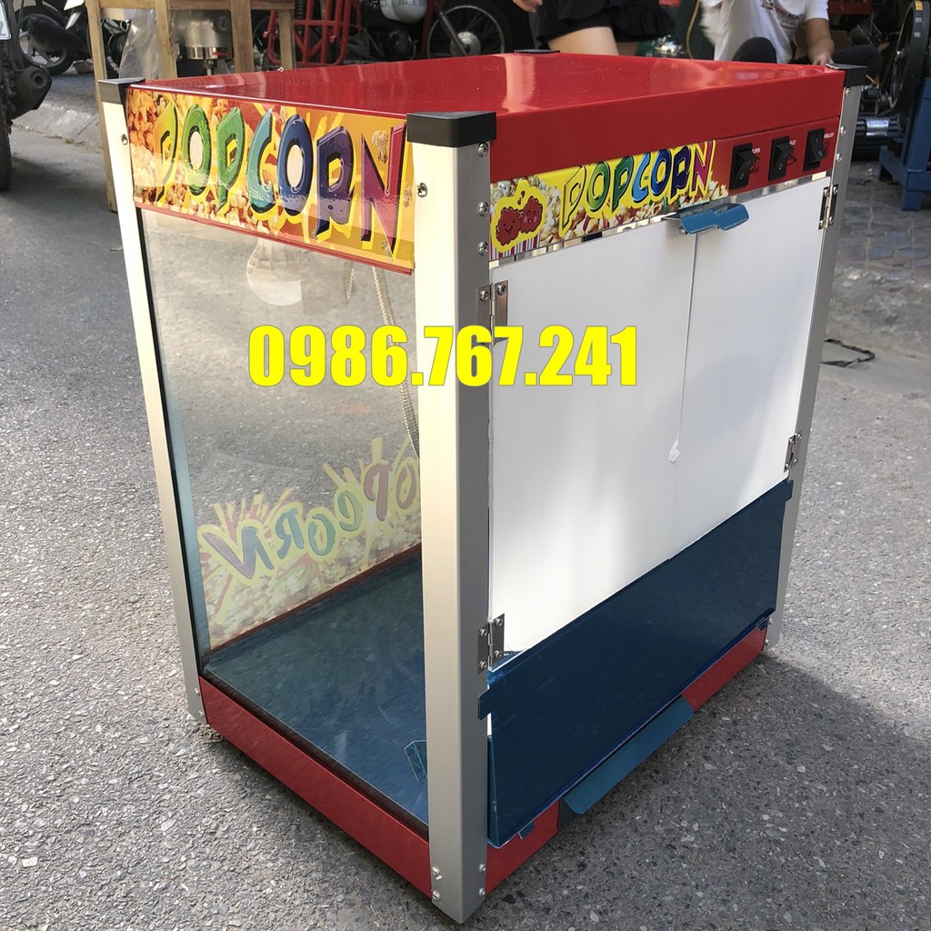 Máy làm bắp rang bơ, máy nổ bỏng có tủ kính chạy điện