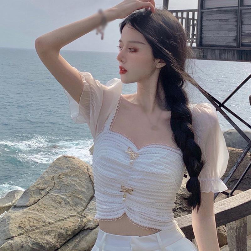 Áo Thun Ngắn Tay Cổ Vuông Phối Ren Gợi Cảm Cho Nữ Day6