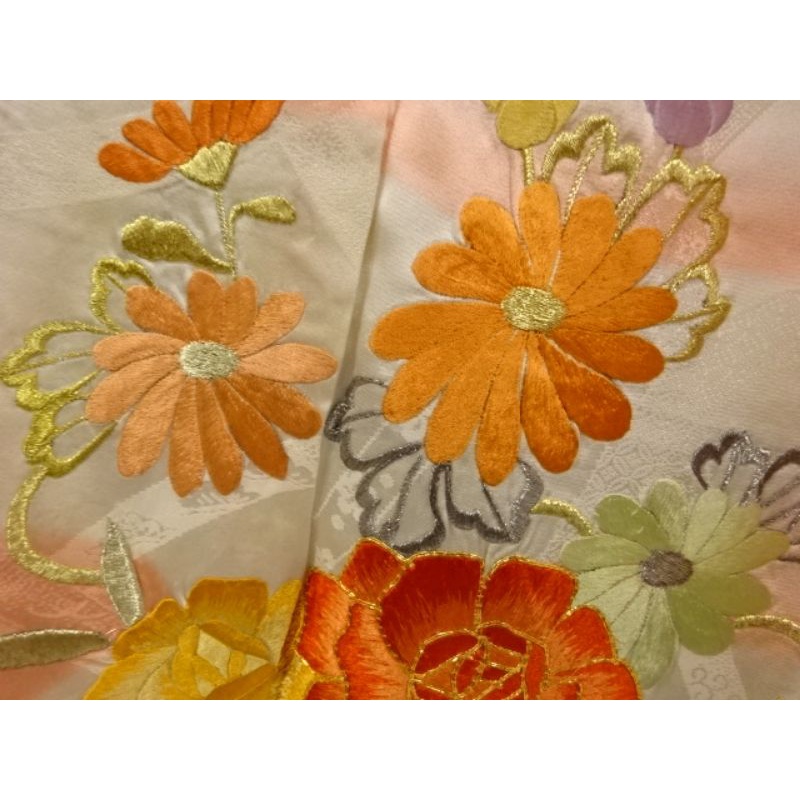 Antique Furisode Kimono Nhật Bản - Floral Plants and Mist embroidery - Hoa văn cây hoa và sương