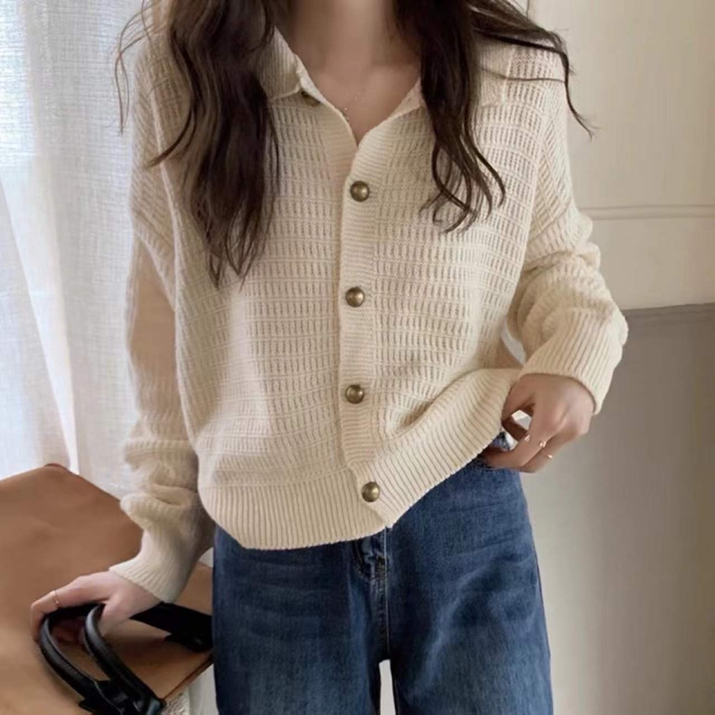 Áo khoác cardigan SUXI dệt kim dáng rộng màu sắc đơn giản phong cách vintage Hàn Quốc