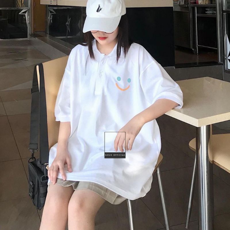 Áo polo nữ cotton tay lỡ form rộng in hình ulzzang