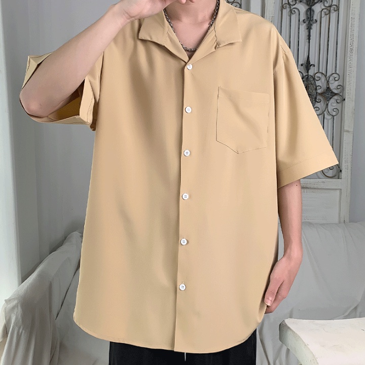 Áo sơ mi nam nữ form rộng tay ngắn Cổ Vest Cổ Ve chuẩn form Hàn Quốc vải lụa mềm min VRN01