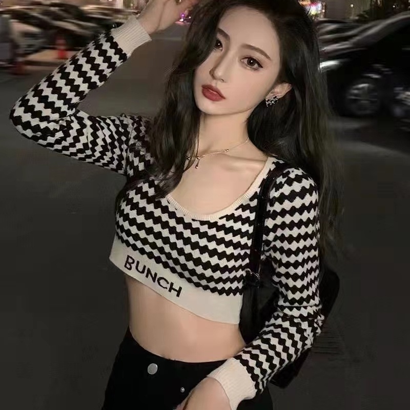 SUXI Áo Len Tay Dài Họa Tiết Sọc Ca Rô Dáng Ôm Thời Trang Xuân Thu Quyến Rũ Cho Nữ