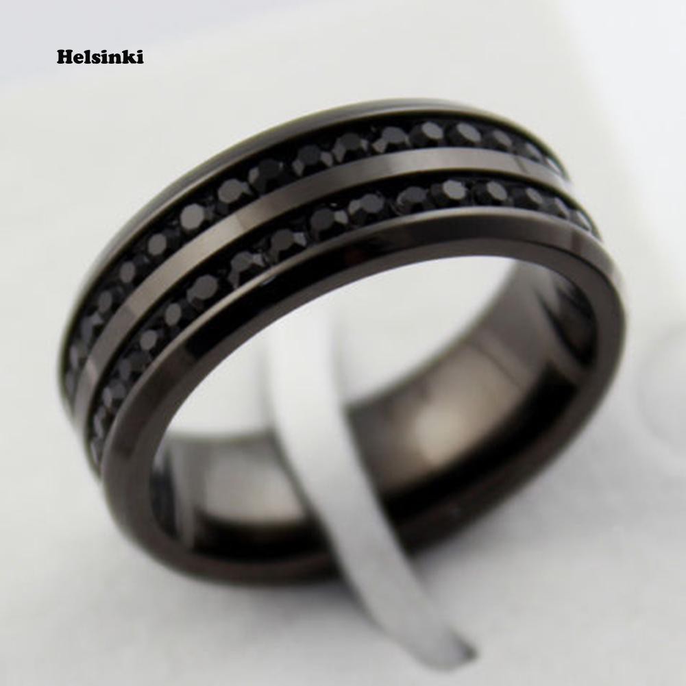 Nhẫn Cưới 2 Vòng Thép Không Gỉ Màu Đen Đính Hạt Pha Lê Size US 7-12