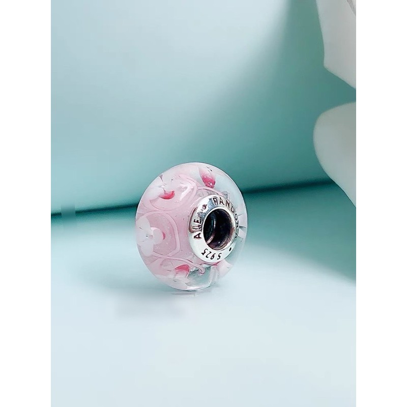 charm pan thuỷ tinh hoa đào hồng bạc s925 cao cấp