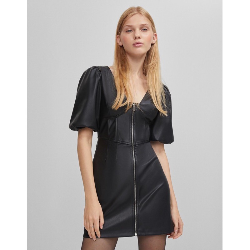 Bershka Đức - Đầm váy sale auth new tag cao cấp chính hãng có sẵn BSK da đen khóa kéo ngắn body tay phồng