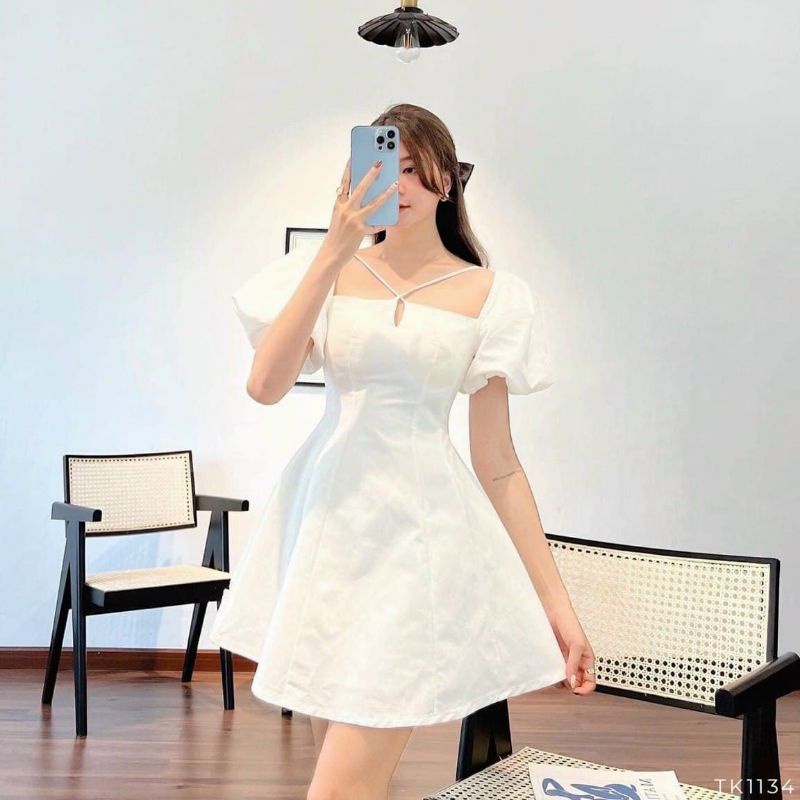 Đầm trắng xòe cổ yếm form ngắn 2 lớp dự tiệc HANADRESS