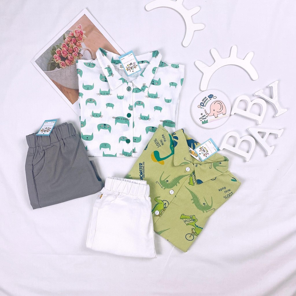 👕 Set áo sơ mi hình thú quần linen cho bé trai mùa hè