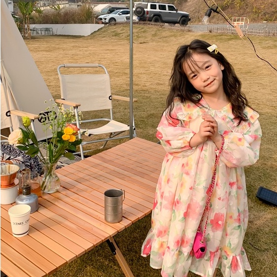 Đầm Voan Tay Dài Kiểu Hàn Quốc Dễ Thương Cho Bé Gái