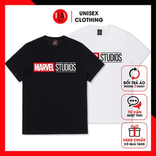 Áo thun unisex trắng và đen in logo marvel studios
