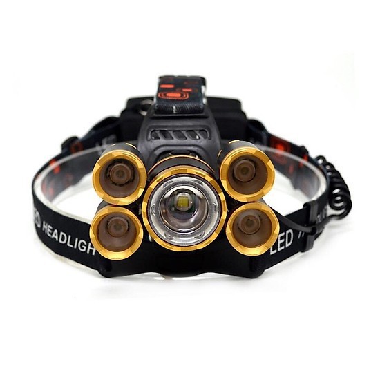 Đèn pin đội đầu 5 bóng LED T6 gồm 3 chế độ sáng + Tặng kèm 2 pin sạc và sạc