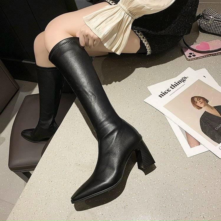 Giày bốt nữ cao cổ đế 7p khóa kéo sau, Bốt đùi nữ chất liệu da cao cấp mũi nhọn gót vạt phong cách ulzzang hàn quốc hot | BigBuy360 - bigbuy360.vn