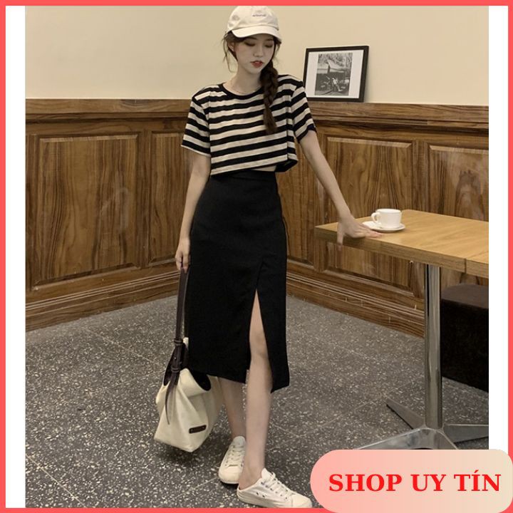 Set Áo Croptop Sọc + Chân Váy Midi Xẻ Tà (Feedback Ảnh Cuối)