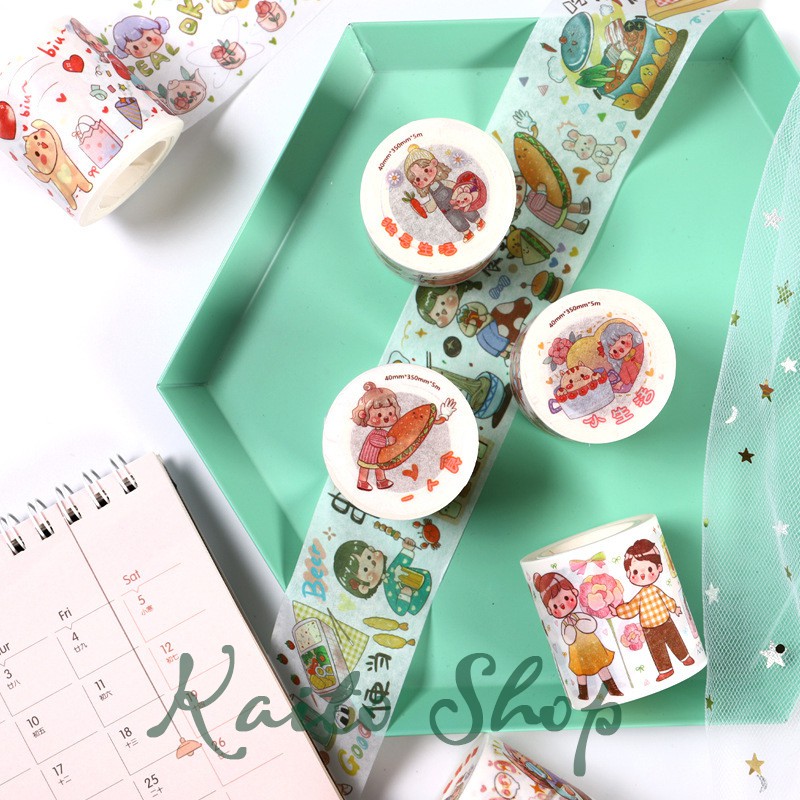 Cuộn Washi Tape Cô Gái Mập Hoạt Hình Phong Cách Nhật Bản - Băng Keo Dán Trang Trí Sổ Tay Nhật Ký Ngộ Nghĩnh