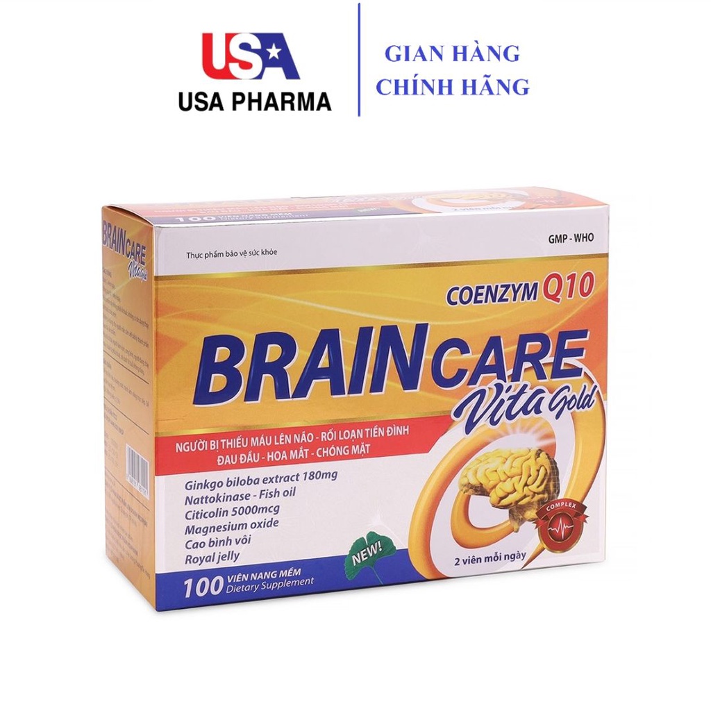 Hoạt huyết dưỡng não BrainCare Ginkgo Biloba nattokinase - 100 viên [BRAIN CARE VITA GOLD vàng]