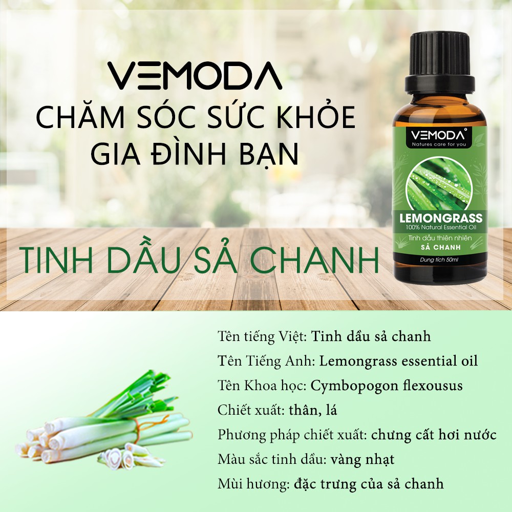 Tinh dầu Sả chanh cao cấp VEMODA 50ml khử mùi, thơm phòng, đuổi muỗi, tinh dầu xông phòng, kháng khuẩn, xông mũi