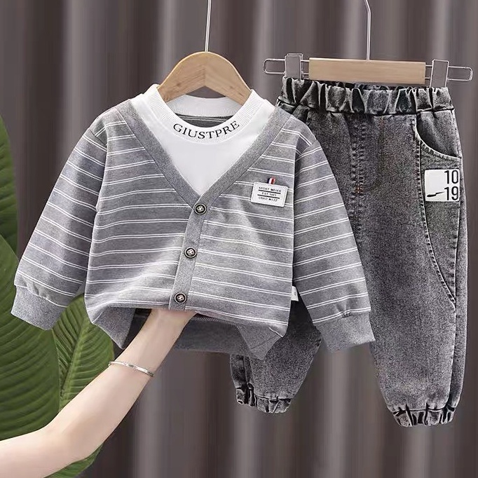 Đồ bộ bé trai, Set thu đông 2022 gồm áo tay dài nỉ sweater kẻ ngang và quần jeans dài cho bé từ 7 - 18 kg, DUCK 392