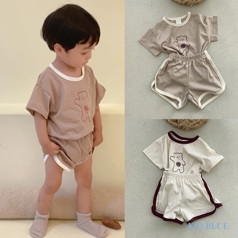 Bộ Quần Áo Cotton Mùa Hè In Hình Gấu Phong Cách Hàn Quốc Cho Bé Trai Và Bé Gái