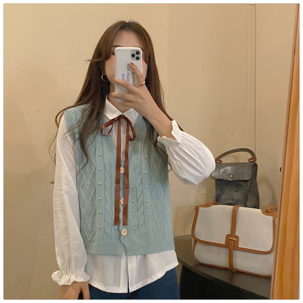 Set Áo Sơ Mi Tay Dài + Áo Len Không Tay Thắt Nơ Thời Trang Dành Cho Nữ | BigBuy360 - bigbuy360.vn