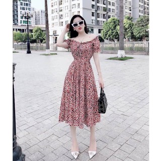 Đầm xoè hoạ tiết hoa trễ vai tay phồng duyên dáng