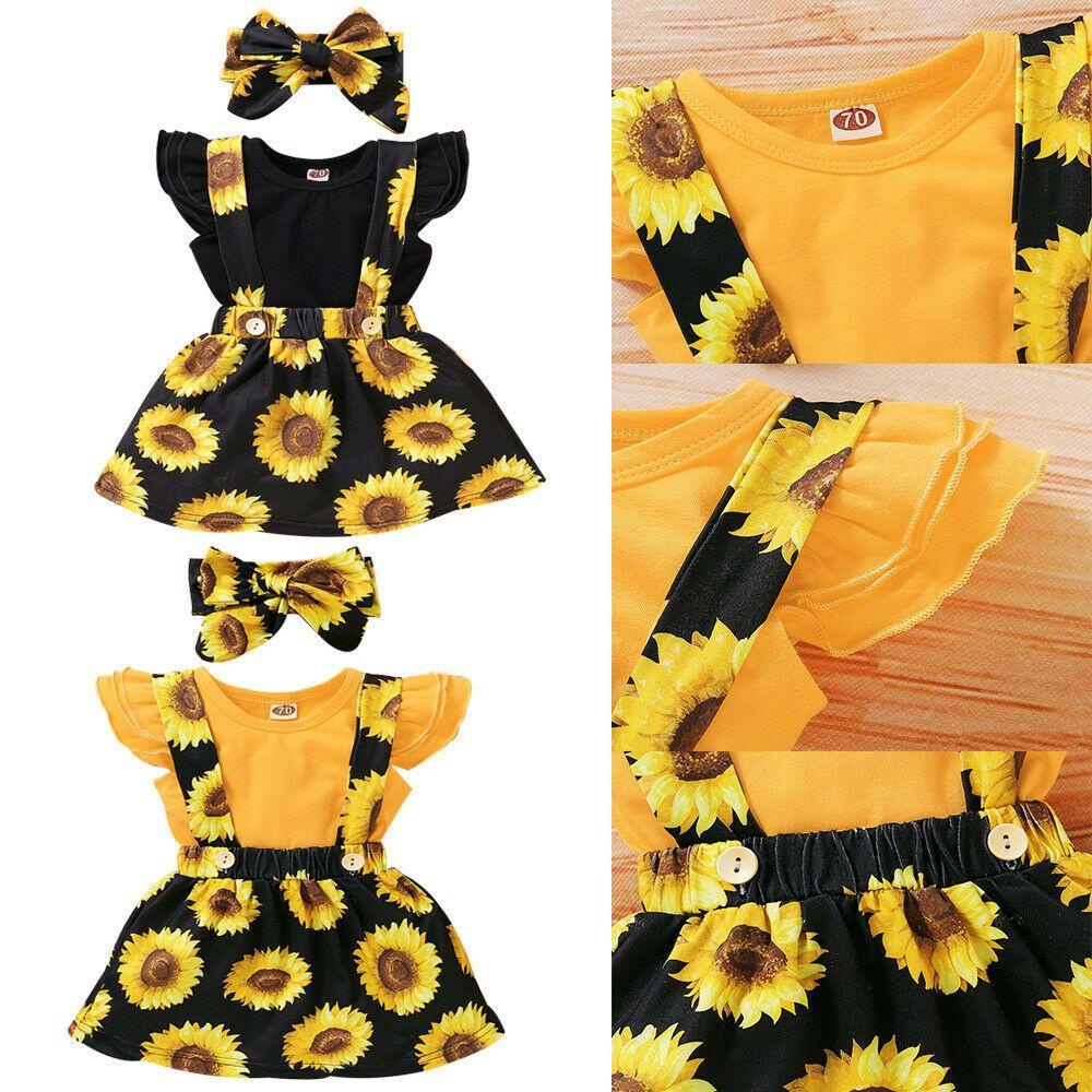 SUSANS Bộ 3 Món Áo Liền Quần Tay Xòe In Hoa + Chân Váy + Băng Đô Xinh Xắn Cho Bé