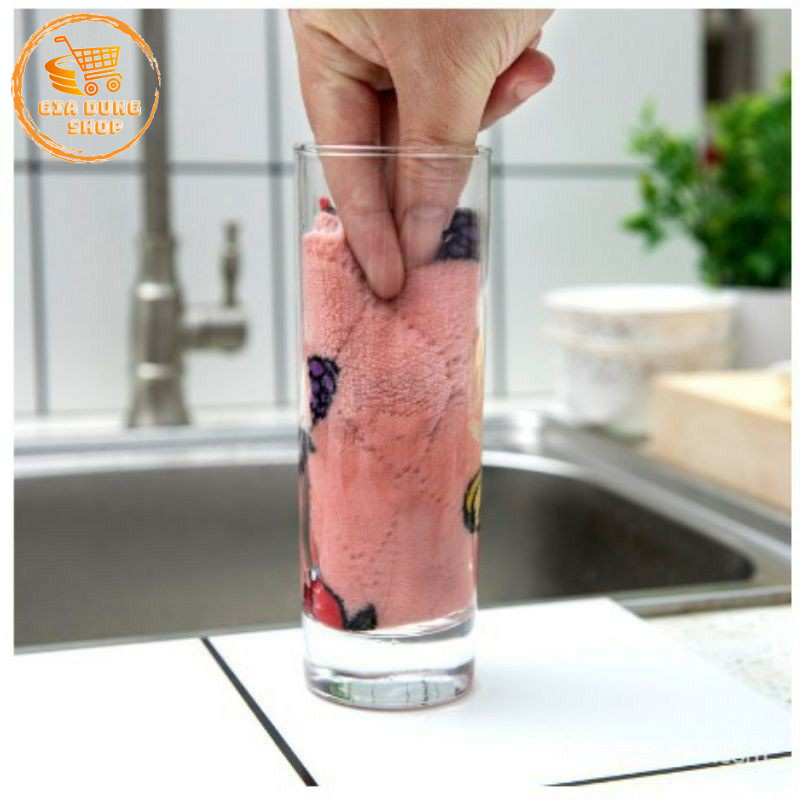 Khăn Lau 2 Mặt Họa Tiết Hoa Quả Hoạt Hình 25x25cm Siêu Thấm Hút Nước Vải San Hô