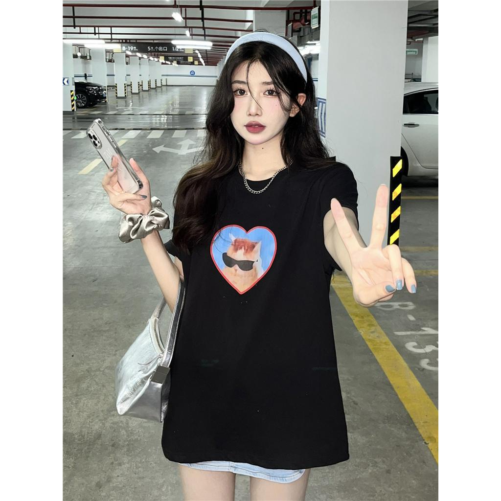 Áo Thun Dáng Dài Ngắn Tay In Hình Mèo Đáng Yêu 63401