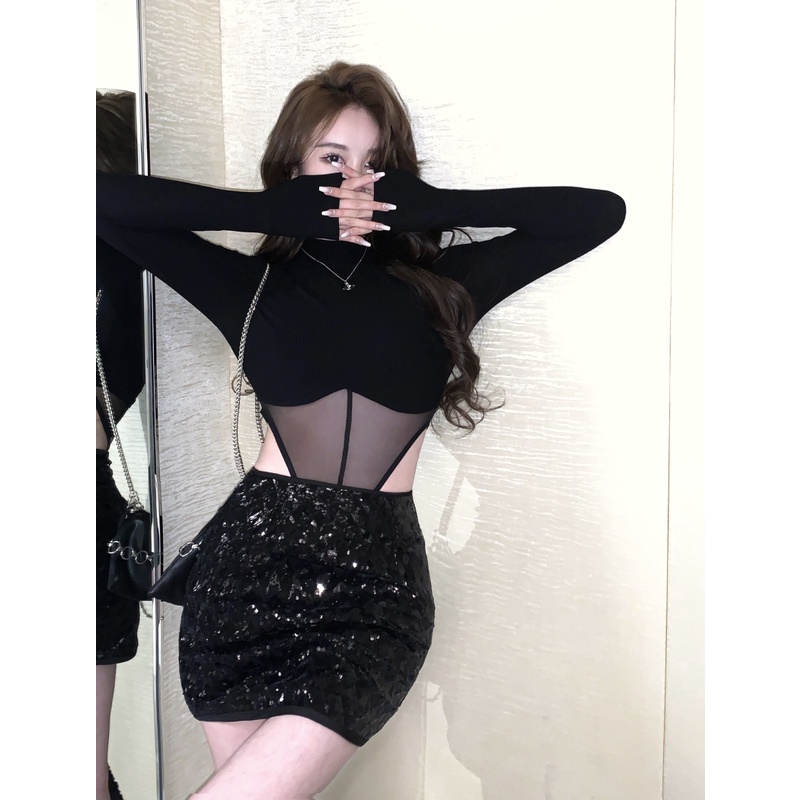 Cocory vn Trang phục áo thun tay dài và chân váy chữ A đính sequin sành điệu cho nữ