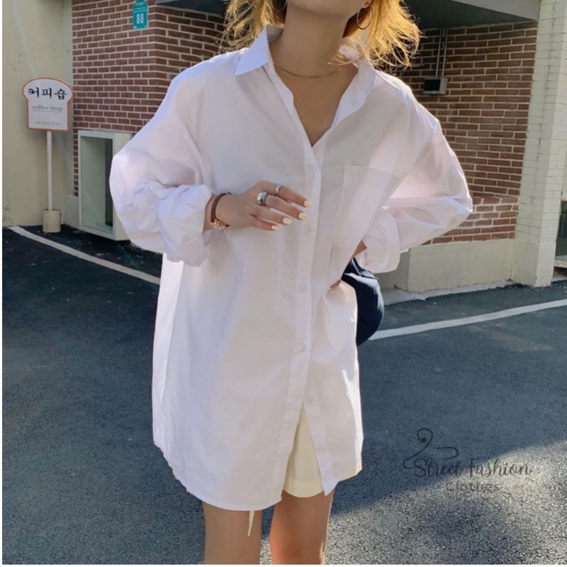 Áo sơmi basic dáng oversize phong cách Hàn Quốc