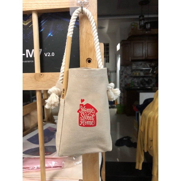 TÚI BÌNH NƯỚC, LY NƯỚC MÀU NUDE VẢI CANVAS IN HÌNH BOTTLE BAG, CUP BAG