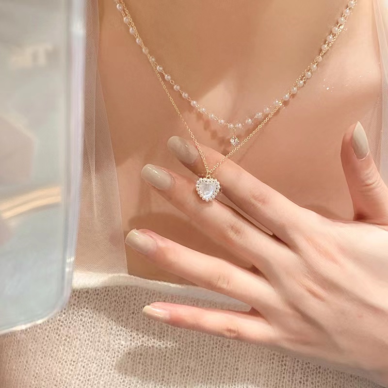 Dây Chuyền Hai Lớp Đính Ngọc Trai Hình Trái Tim Sang Trọng Dành Cho Nữ