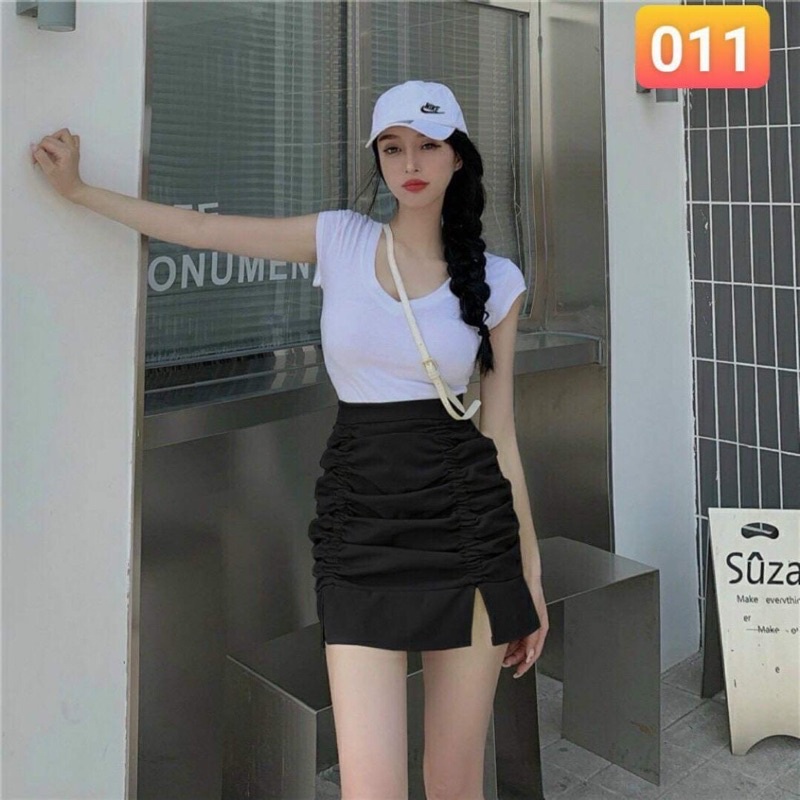 Chân váy ôm chất voan rút dây xẻ tà (đen/be) form 40-65kg Hati Store