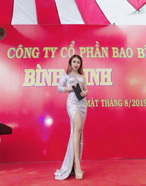 Đầm dạ hội kim sa lệch vai dài tay cao cấp tặng hoa tai