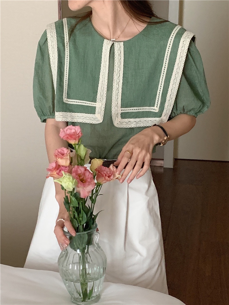 Áo Sơ Mi Kẻ Sọc Ngắn Tay Cổ Bẻ Phối Ren Cỡ Lớn Phong Cách Retro 53588