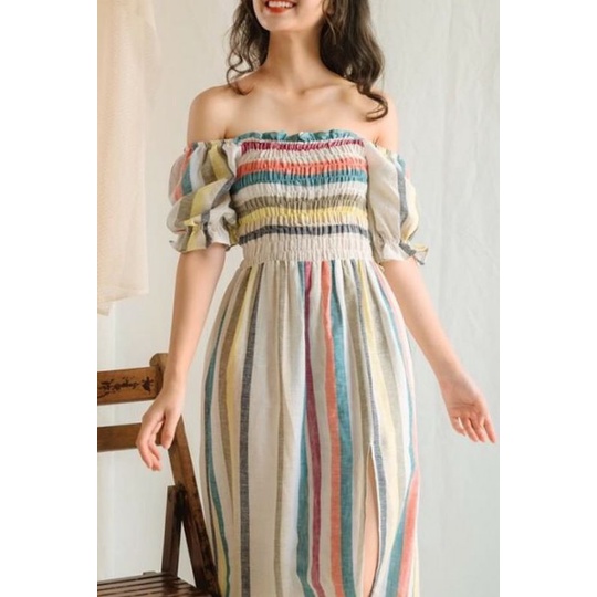 Đầm váy nữ trễ vai chát vải Linen xẻ tà thiết kế quyến rủ | BigBuy360 - bigbuy360.vn