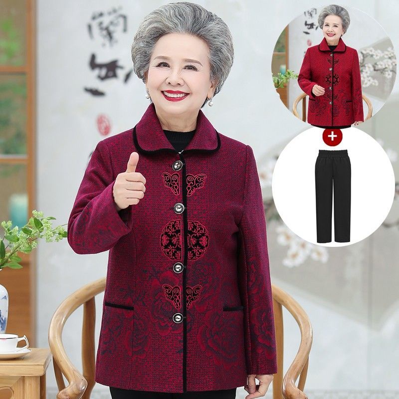 Quần áo thu đông trung niên và người già nữ 60 tuổi 70 bà khoác xuân cộng nhung 80