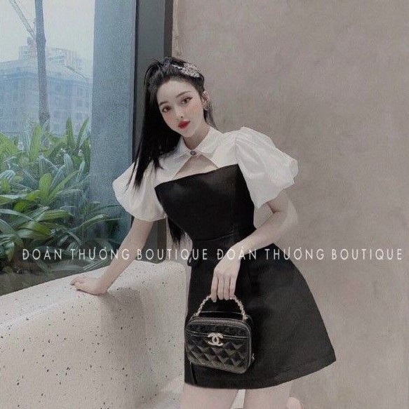Đầm tiểu thư tay phồng ĐEN TRẮNG