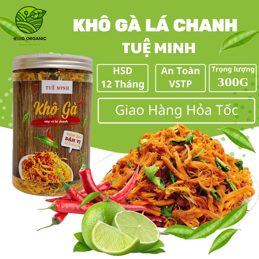 Gà khô lá chanh Tuệ Minh( Hộp 300g) gà khô cay ngon như nhà làm, đồ ăn vặt an toàn về sinh thực phẩm- Hello Organic