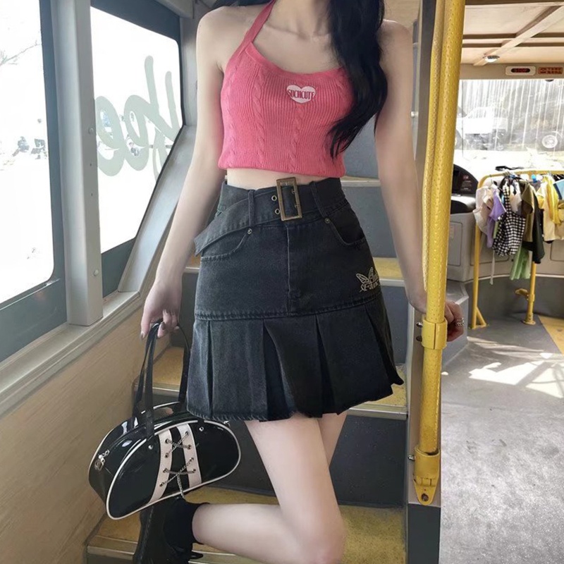 Chân Váy Jeans Chữ A Lưng Cao Thêu Họa Tiết Thời Trang Cho Nữ