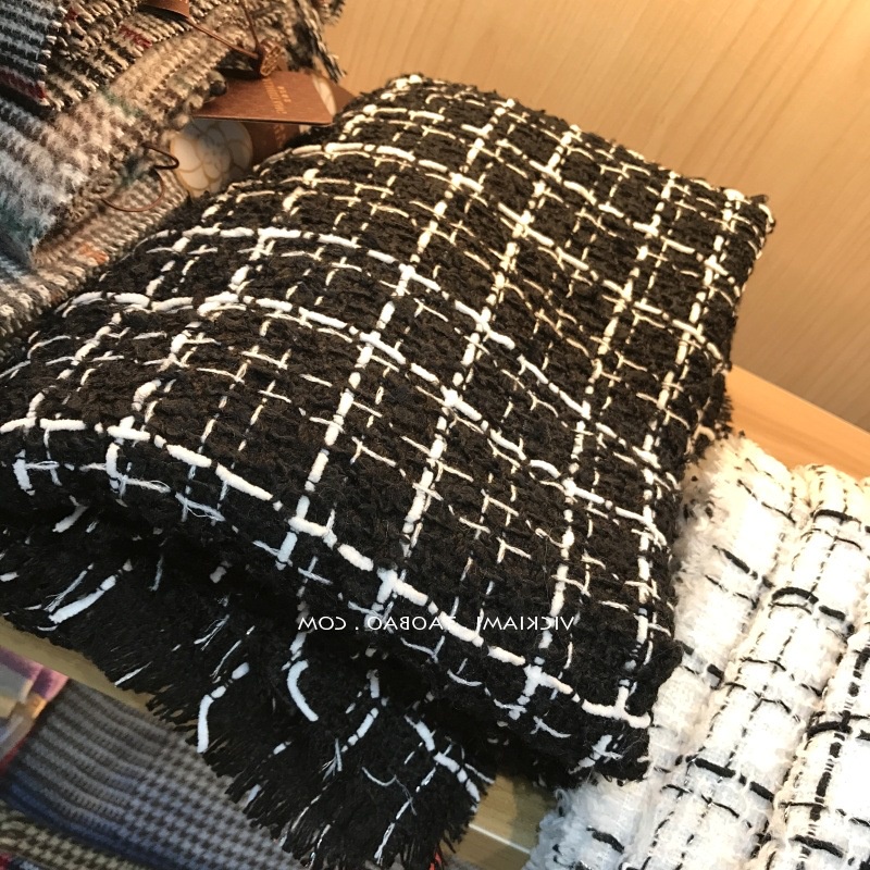 ~Rẻ nhất~ Khăn dạ Tweed Dongdaemun Hàn Quốc quàng cổ mùa đông ấm áp họa tiết kẻ đen trắng phụ kiện đôi nam nữ