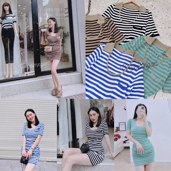 Váy kẻ cổ bẻ khoét body cổ pha
