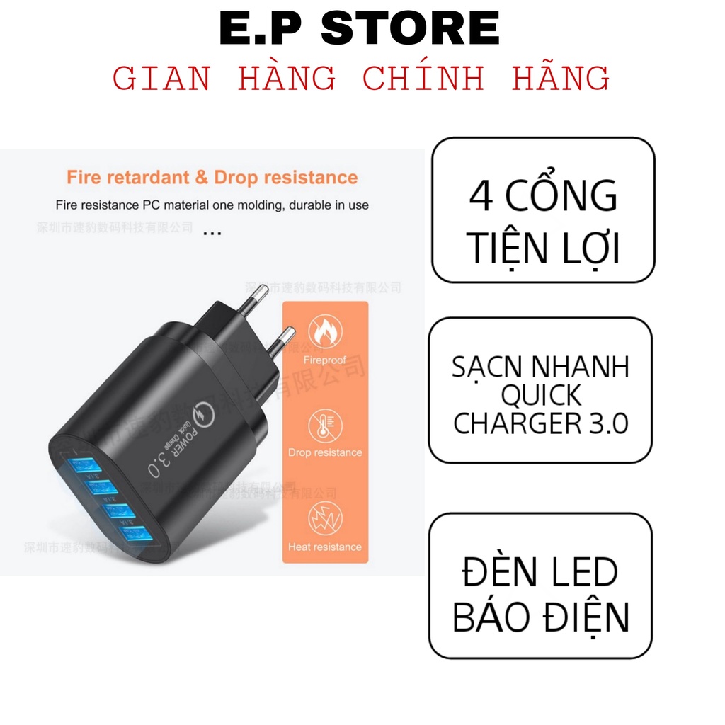 Củ sạc nhanh 4 cổng 6.2A - Sạc siêu nhanh có đèn - Hỗ trợ sạc nhanh QC 3.0