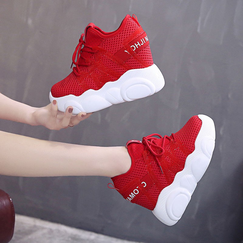 ☂Net Shoes Siêu cao gót trắng Giày thể thao nữ lưới thoáng khí phiên bản Hàn Quốc tăng 10cm bánh xốp đan đơn